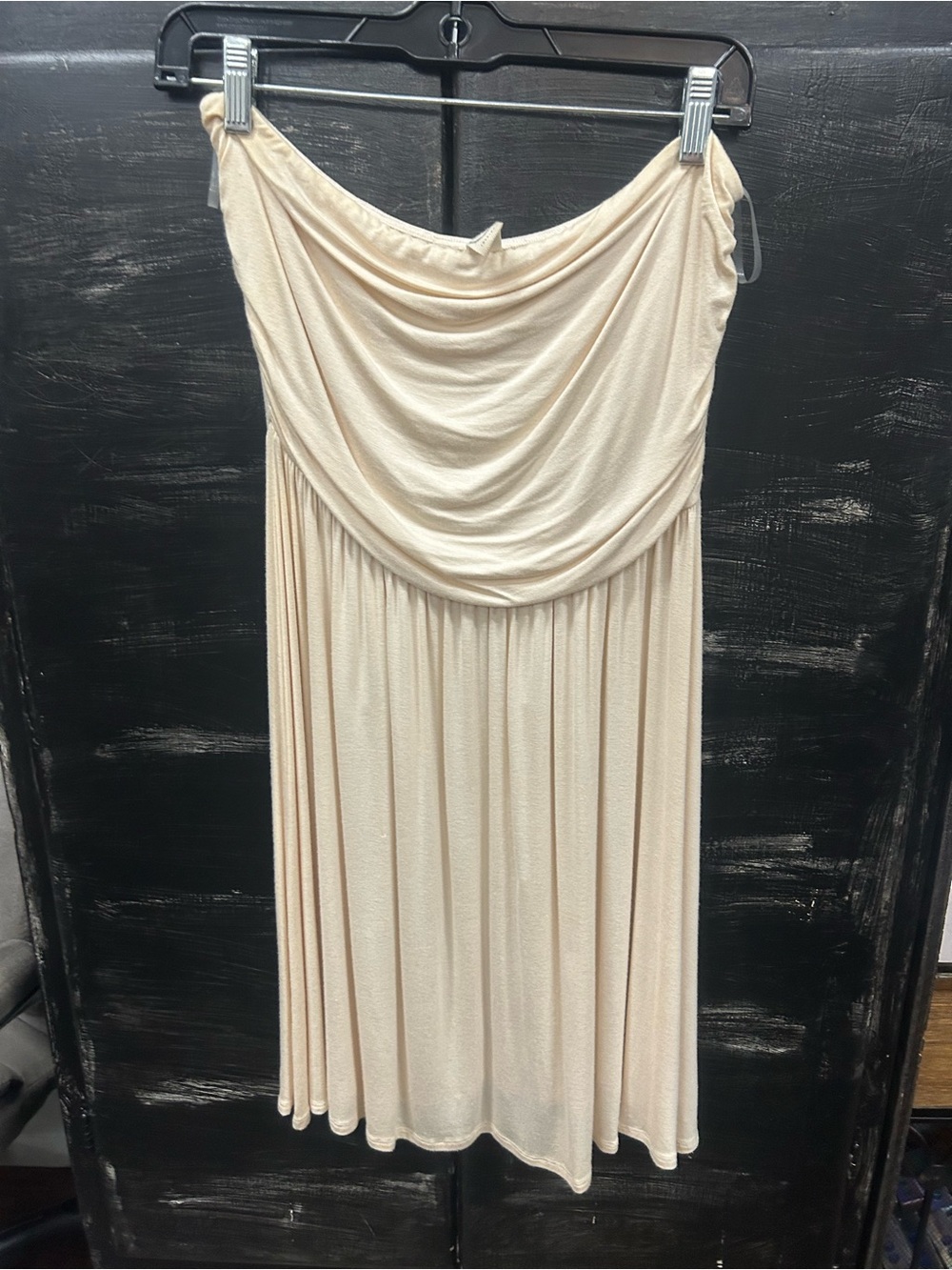 Draped Strapless Cream Midi Dress